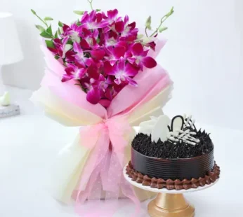 Orchids Bouquet With Chocolate Cake