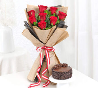 Red Roses Bouquet With Delectable Cake